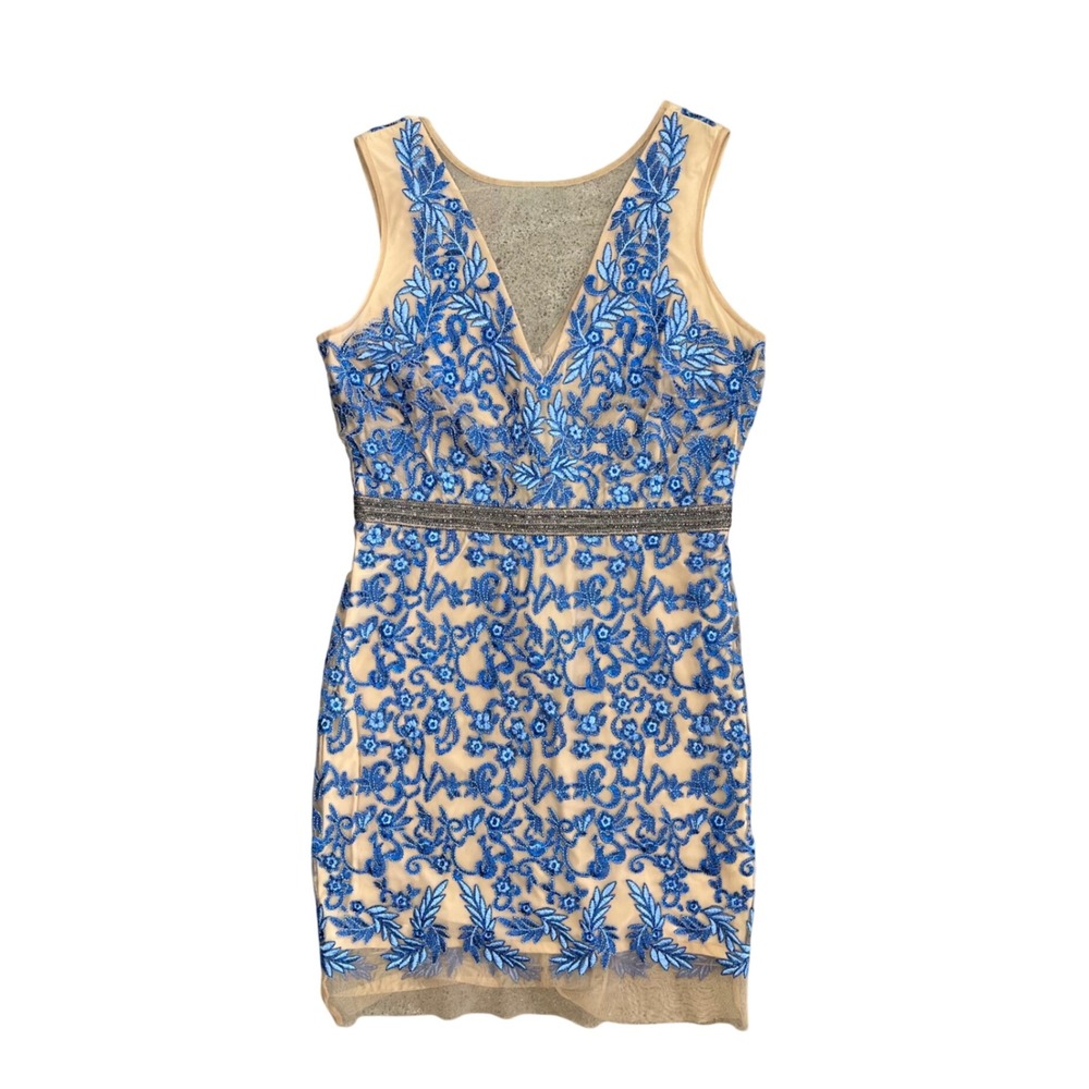 Nicole Miller Collection Blue Floral Embroidered Mesh Cocktail Dress 10 Wedding